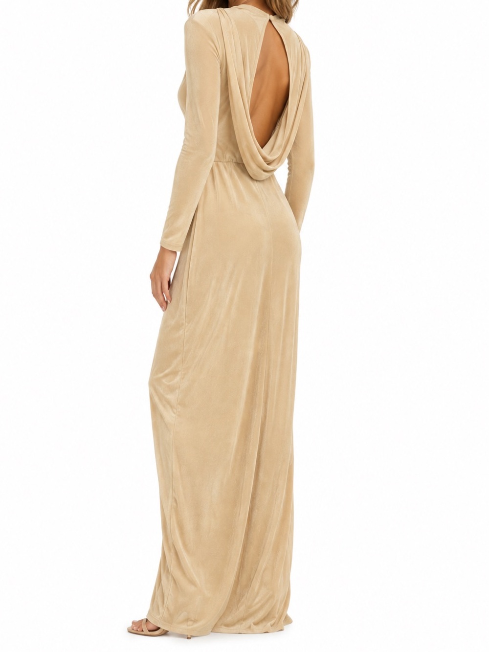 JLUXLABEL Gold Champagne Draped Open-Back Maxi Dress – Size XS